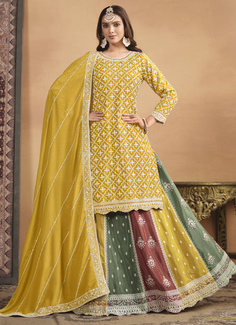 Vegaa Fashion Yellow Chinon Silk Embroidered Lehenga Style Suit | Grocsy