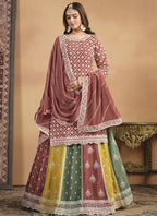 Vegaa Fashion Peach Chinon Silk Embroidered Lehenga Style Suit | Grocsy
