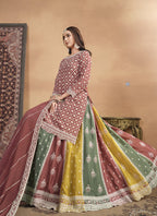 Vegaa Fashion Peach Chinon Silk Embroidered Lehenga Style Suit | Grocsy