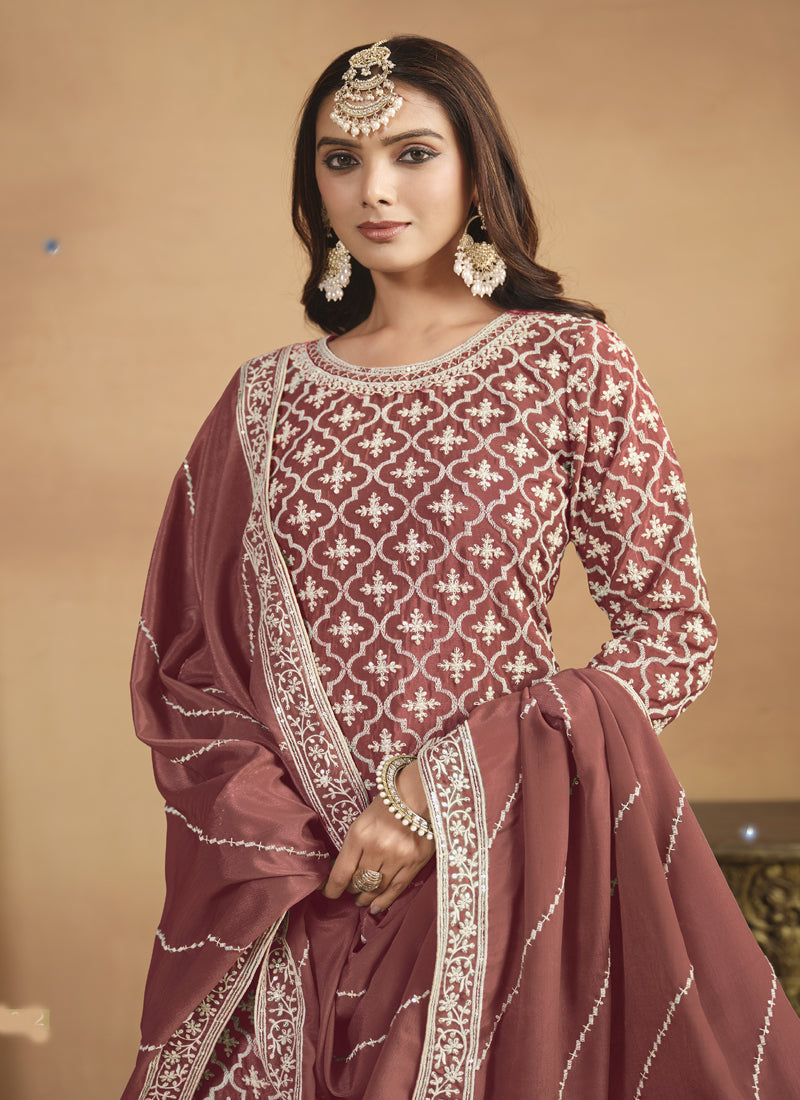 Vegaa Fashion Peach Chinon Silk Embroidered Lehenga Style Suit | Grocsy