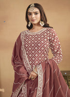 Vegaa Fashion Peach Chinon Silk Embroidered Lehenga Style Suit | Grocsy