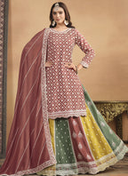 Vegaa Fashion Peach Chinon Silk Embroidered Lehenga Style Suit | Grocsy