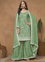 Vegaa Fashion Light Green Chinon Silk Embroidered Palazzo Suit | Grocsy