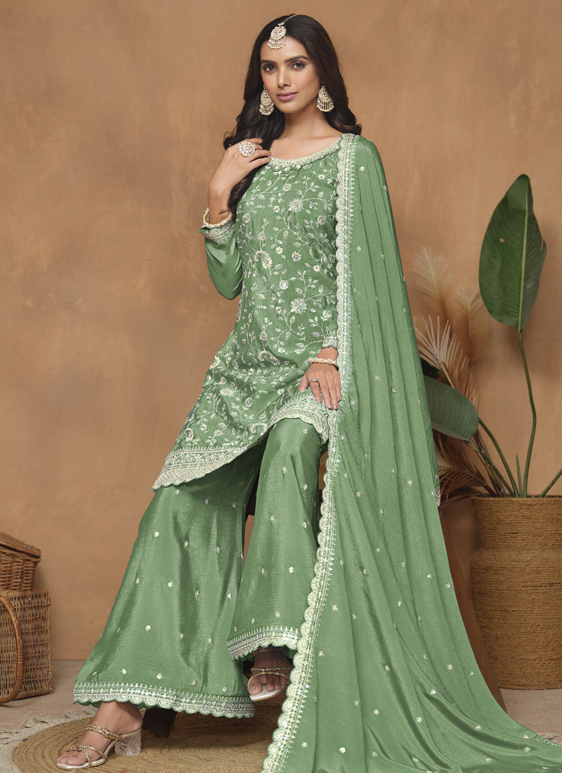 Vegaa Fashion Light Green Chinon Silk Embroidered Palazzo Suit | Grocsy