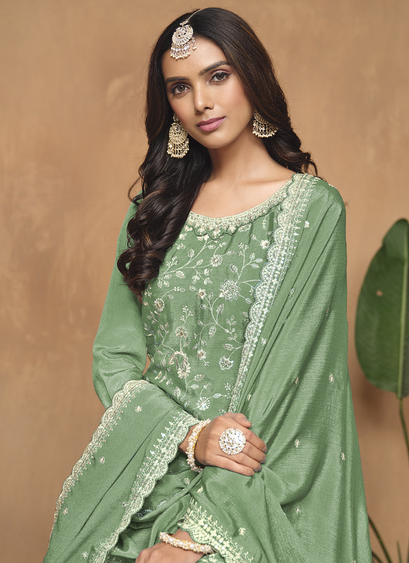 Vegaa Fashion Light Green Chinon Silk Embroidered Palazzo Suit | Grocsy