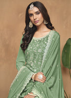 Vegaa Fashion Light Green Chinon Silk Embroidered Palazzo Suit | Grocsy