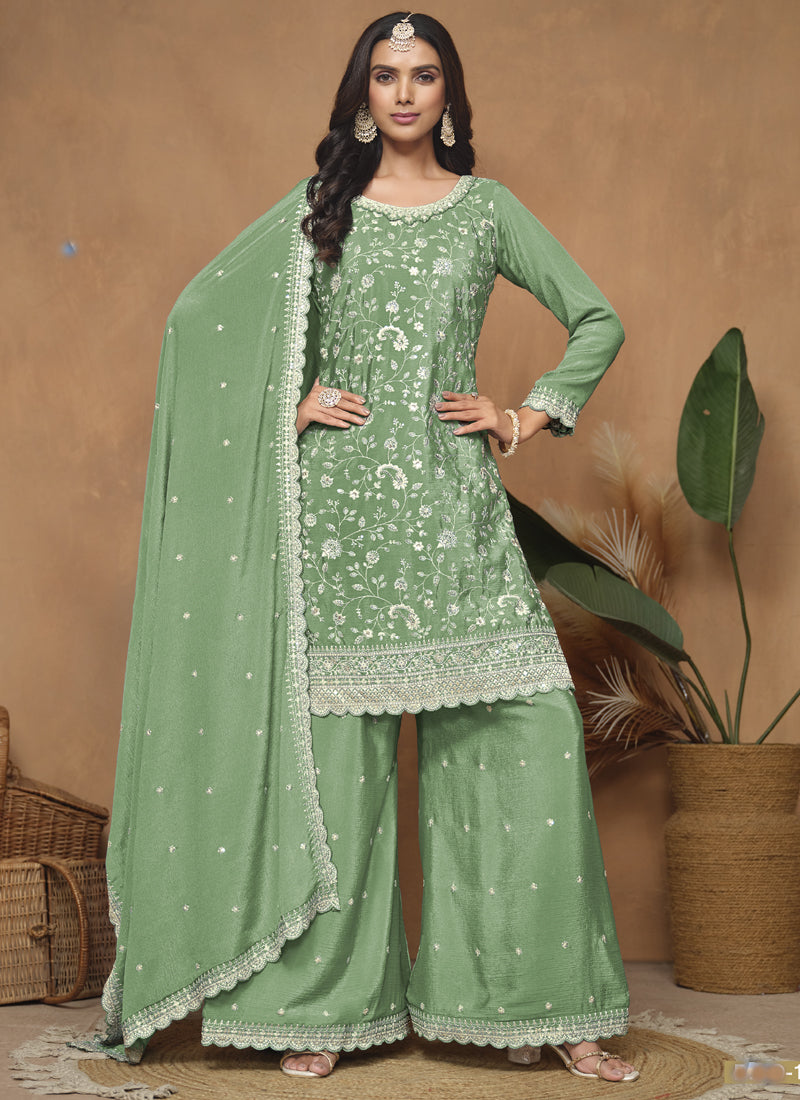 Vegaa Fashion Light Green Chinon Silk Embroidered Palazzo Suit | Grocsy
