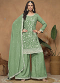 Vegaa Fashion Light Green Chinon Silk Embroidered Palazzo Suit | Grocsy