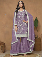 Vegaa Fashion Lavender Chinon Silk Embroidered Palazzo Suit | Grocsy