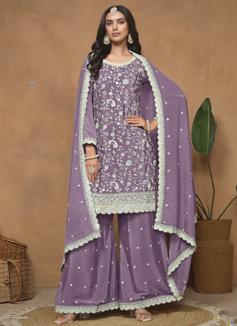 Vegaa Fashion Lavender Chinon Silk Embroidered Palazzo Suit | Grocsy