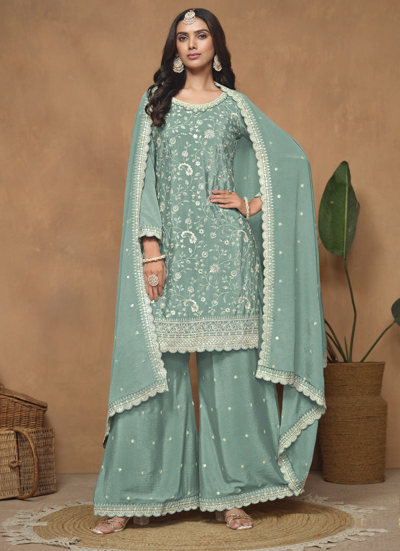 Vegaa Fashion Sea Green Chinon Silk Embroidered Palazzo Suit | Grocsy