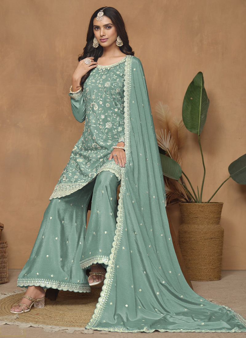 Vegaa Fashion Sea Green Chinon Silk Embroidered Palazzo Suit | Grocsy