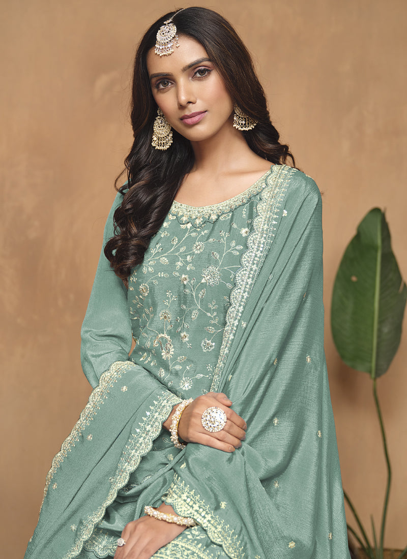 Vegaa Fashion Sea Green Chinon Silk Embroidered Palazzo Suit | Grocsy