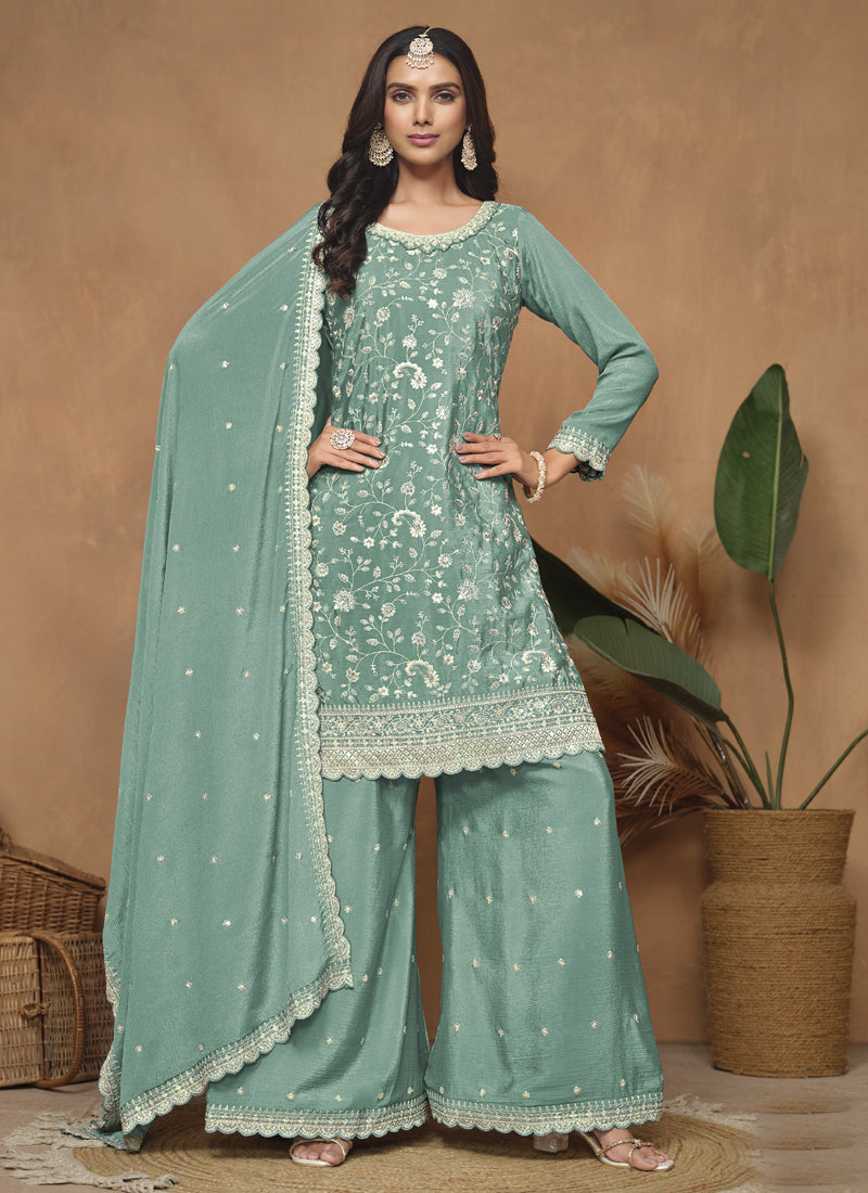 Vegaa Fashion Sea Green Chinon Silk Embroidered Palazzo Suit | Grocsy