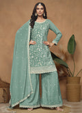 Vegaa Fashion Sea Green Chinon Silk Embroidered Palazzo Suit | Grocsy