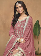 Vegaa Fashion Peach Chinon Silk Embroidered Palazzo Suit | Grocsy