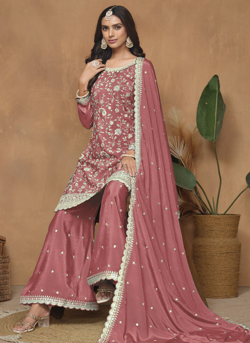 Vegaa Fashion Peach Chinon Silk Embroidered Palazzo Suit | Grocsy