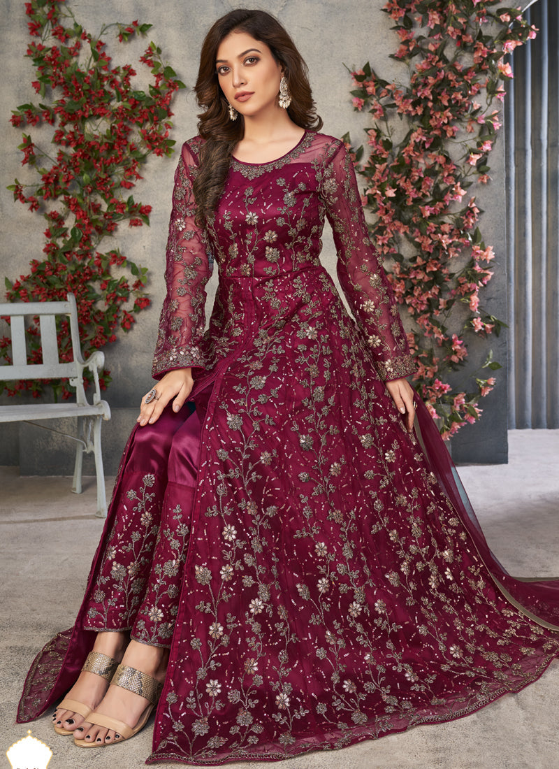 Vegaa Fashion Wine Net Embroidered Anarkali Suit | Grocsy