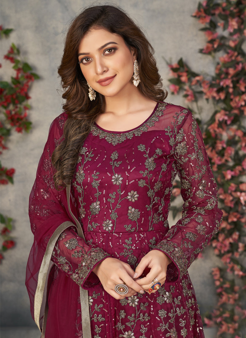 Vegaa Fashion Wine Net Embroidered Anarkali Suit | Grocsy
