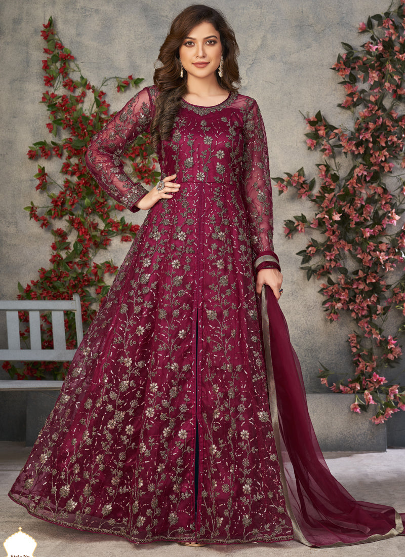 Vegaa Fashion Wine Net Embroidered Anarkali Suit | Grocsy