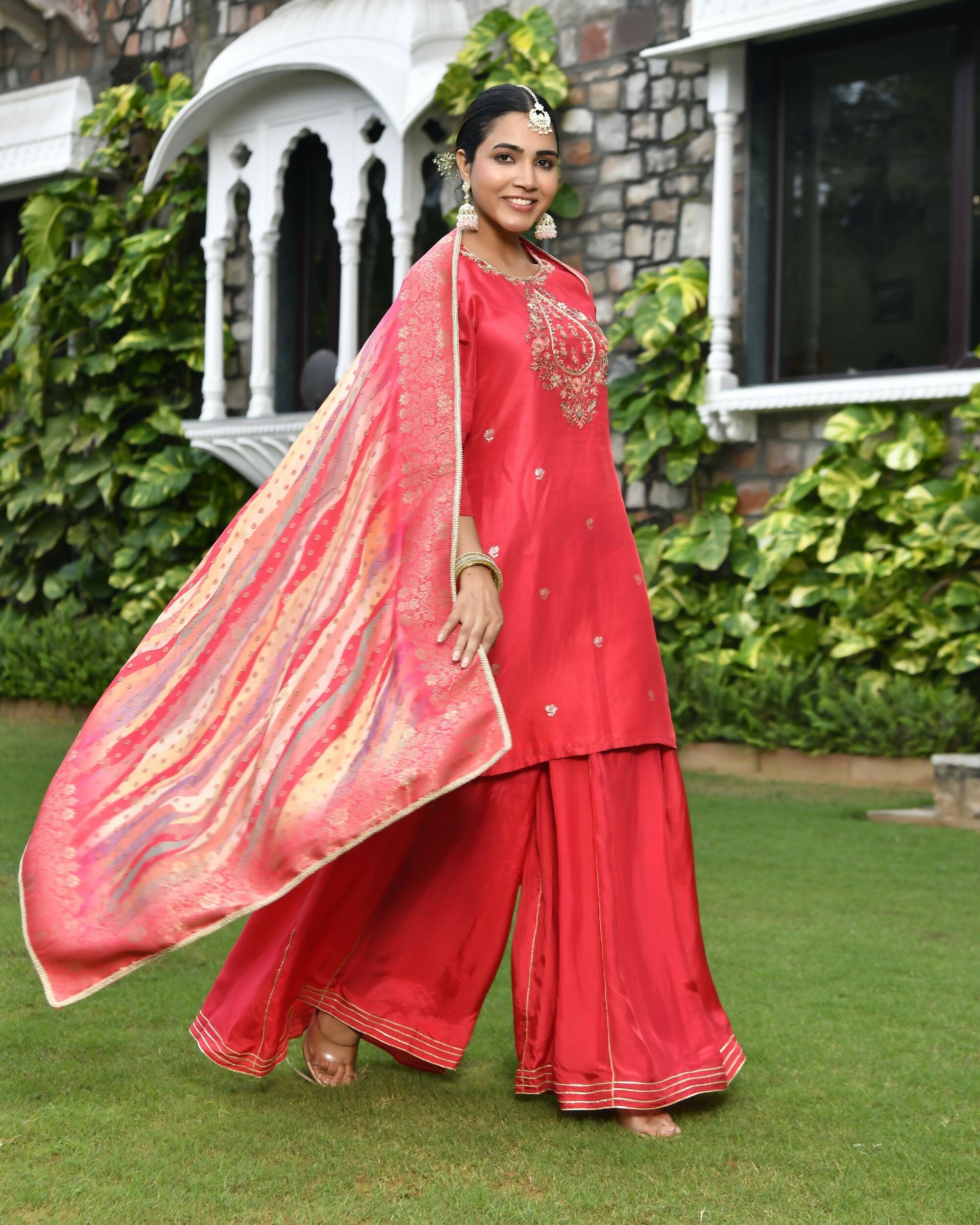 Vaasva Women's Silk Red Emboidered Solid Kurta, Sharara & Dupatta Set | Grocsy