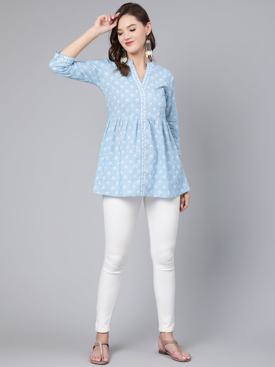 Antaran Light Blue Pure Cotton Printed Tunic | Grocsy