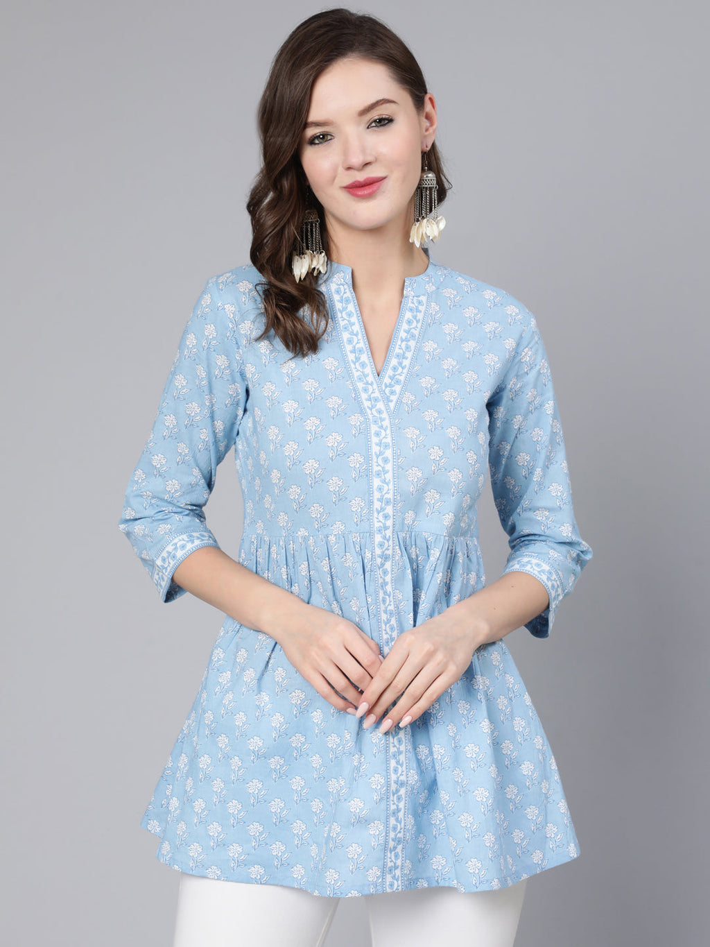 Antaran Light Blue Pure Cotton Printed Tunic | Grocsy