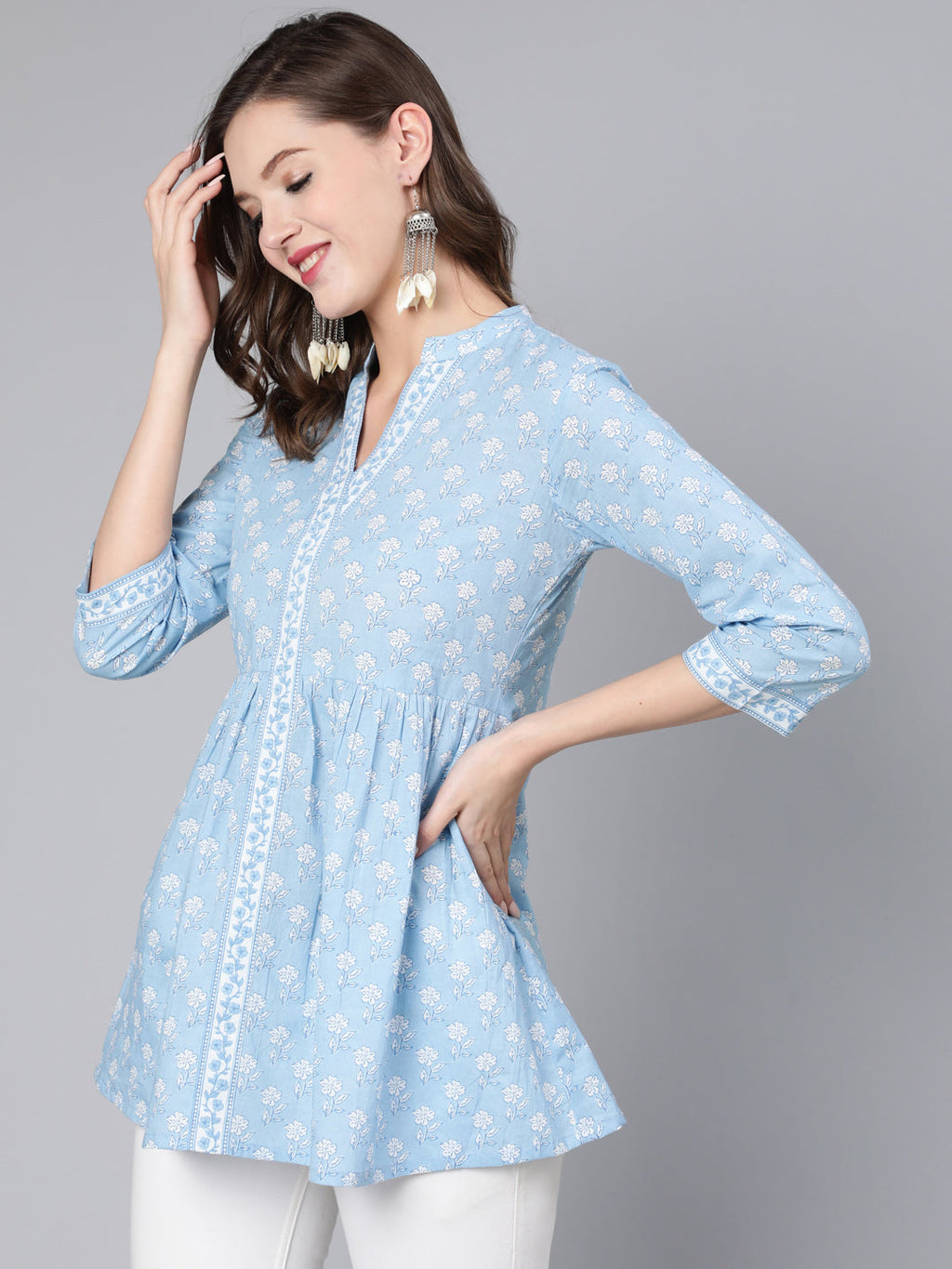 Antaran Light Blue Pure Cotton Printed Tunic | Grocsy