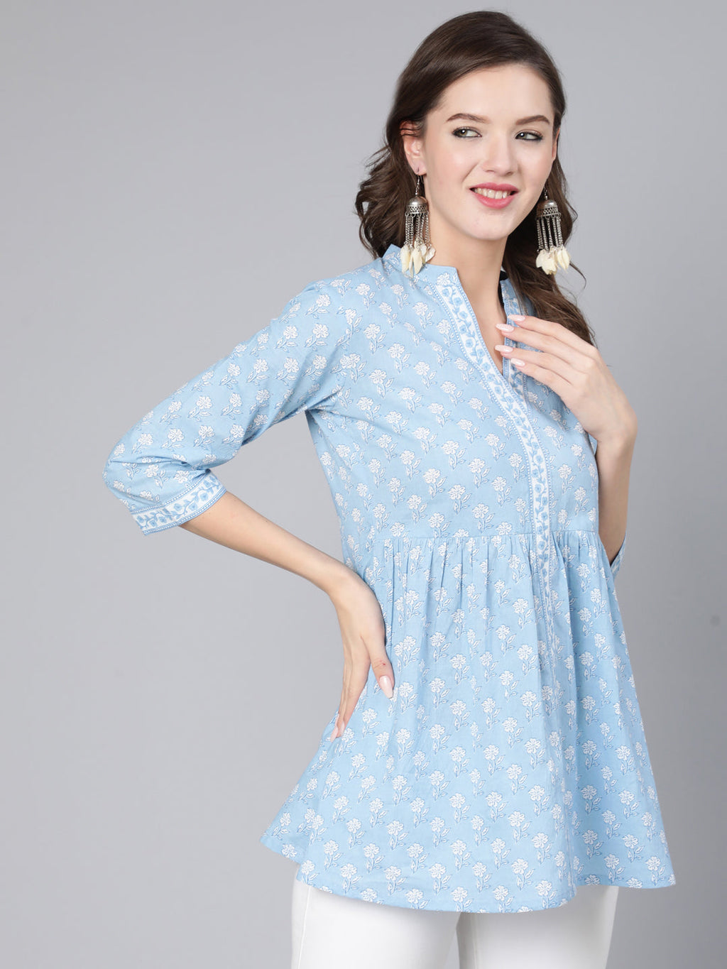Antaran Light Blue Pure Cotton Printed Tunic | Grocsy