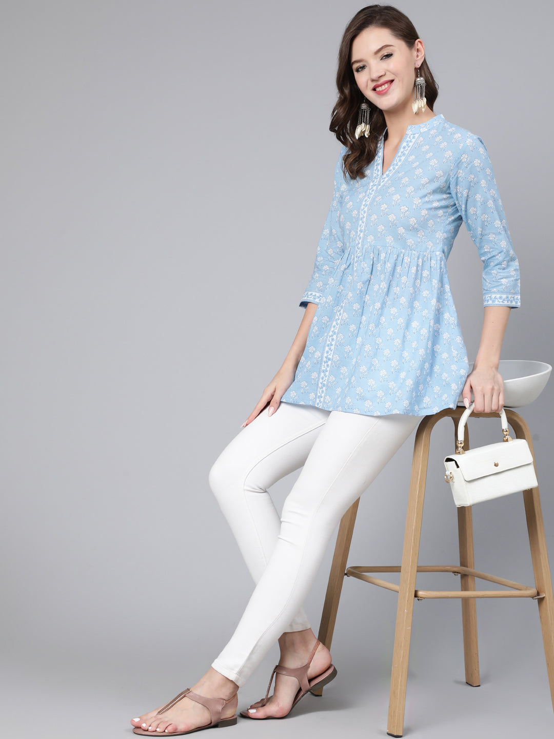 Antaran Light Blue Pure Cotton Printed Tunic | Grocsy