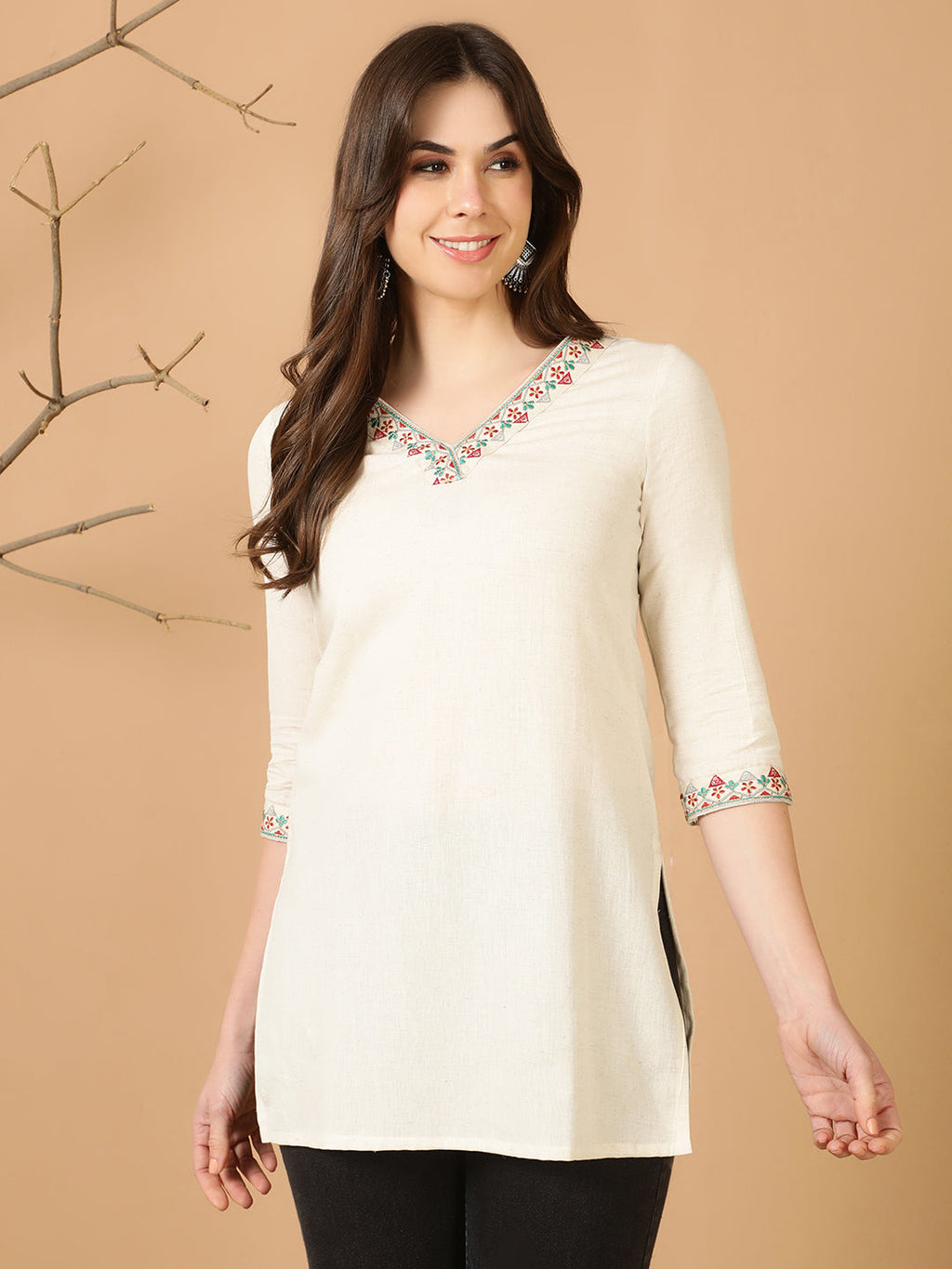 Antaran Off White Cotton Flex Embroidered Tunic | Grocsy
