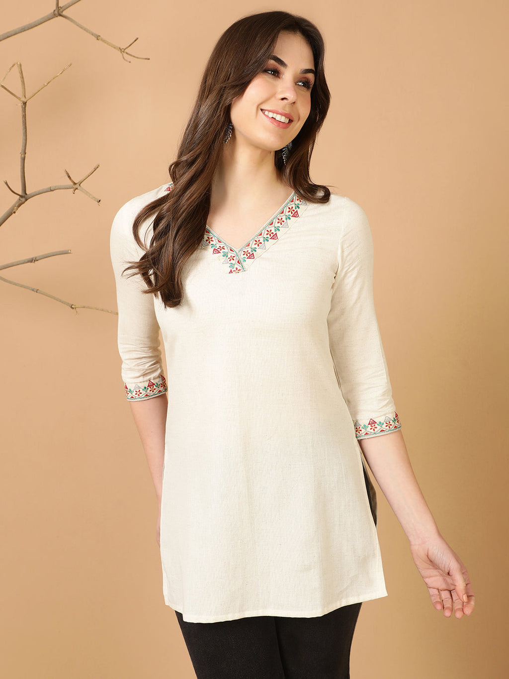 Antaran Off White Cotton Flex Embroidered Tunic | Grocsy