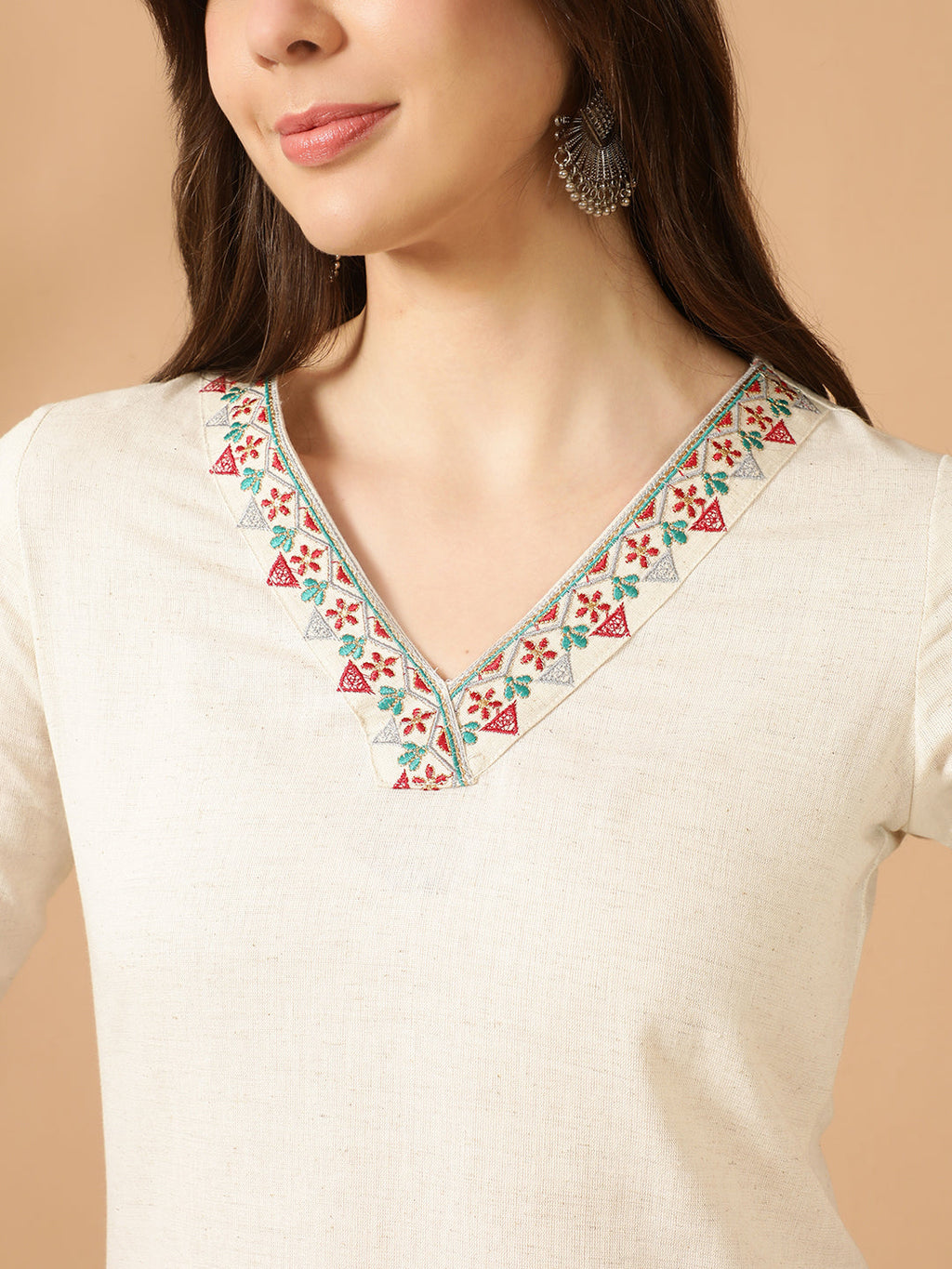 Antaran Off White Cotton Flex Embroidered Tunic | Grocsy