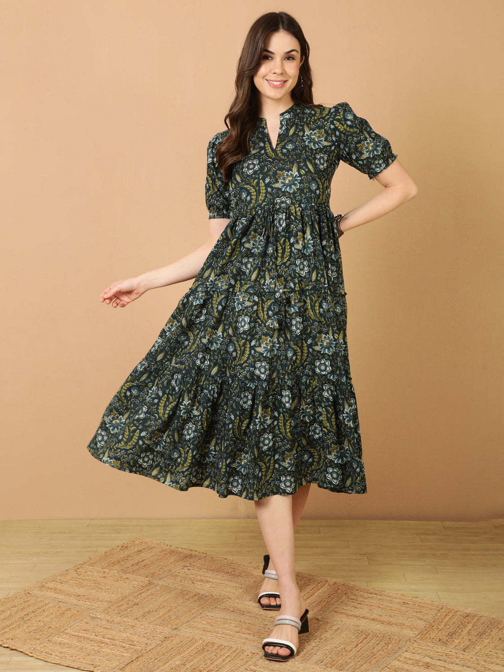 Antaran Blue Pure Cotton Tiered Printed Dress | Grocsy