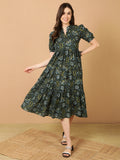 Antaran Blue Pure Cotton Tiered Printed Dress | Grocsy