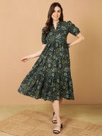 Antaran Blue Pure Cotton Tiered Printed Dress | Grocsy