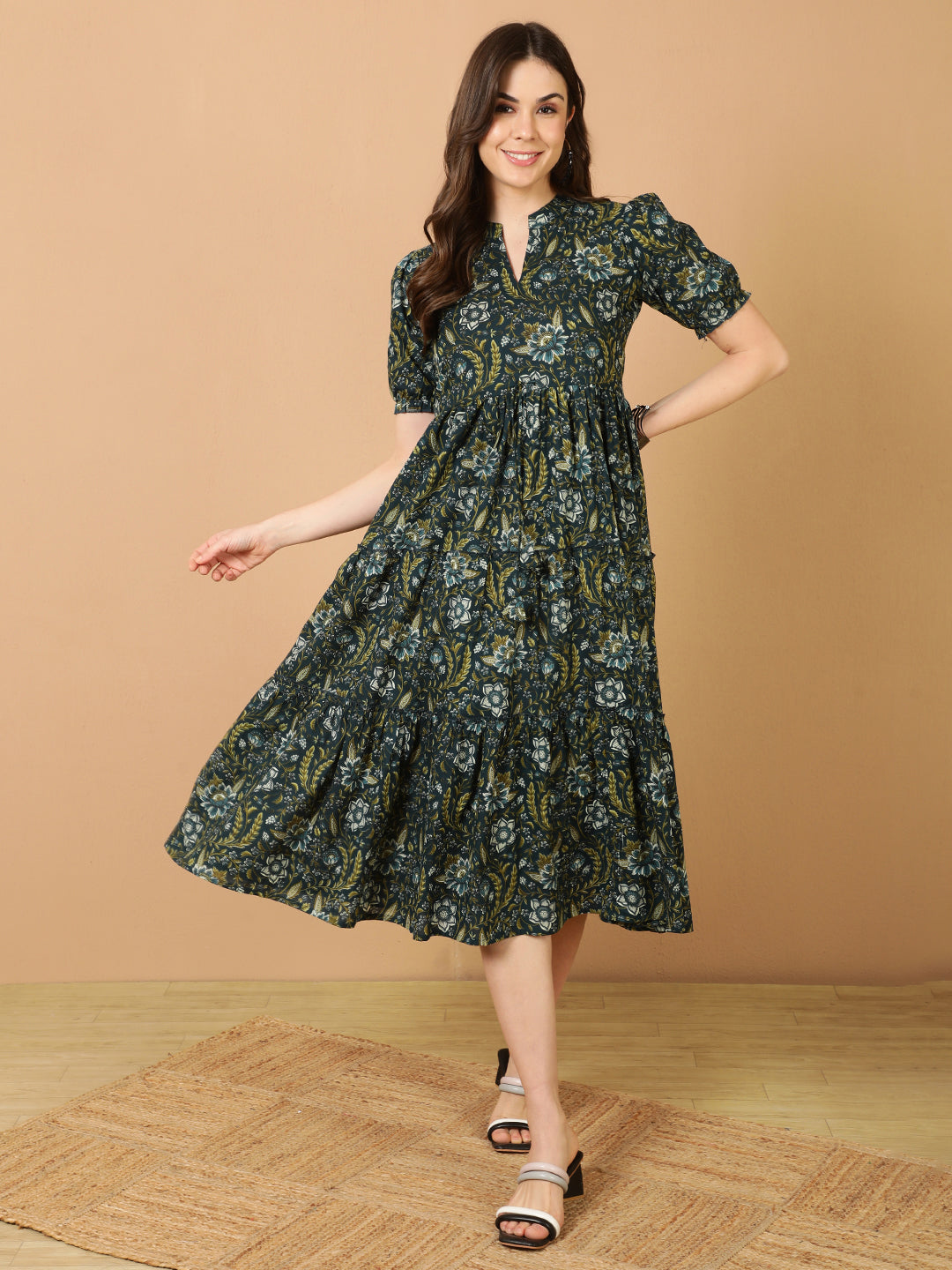Antaran Blue Pure Cotton Tiered Printed Dress | Grocsy
