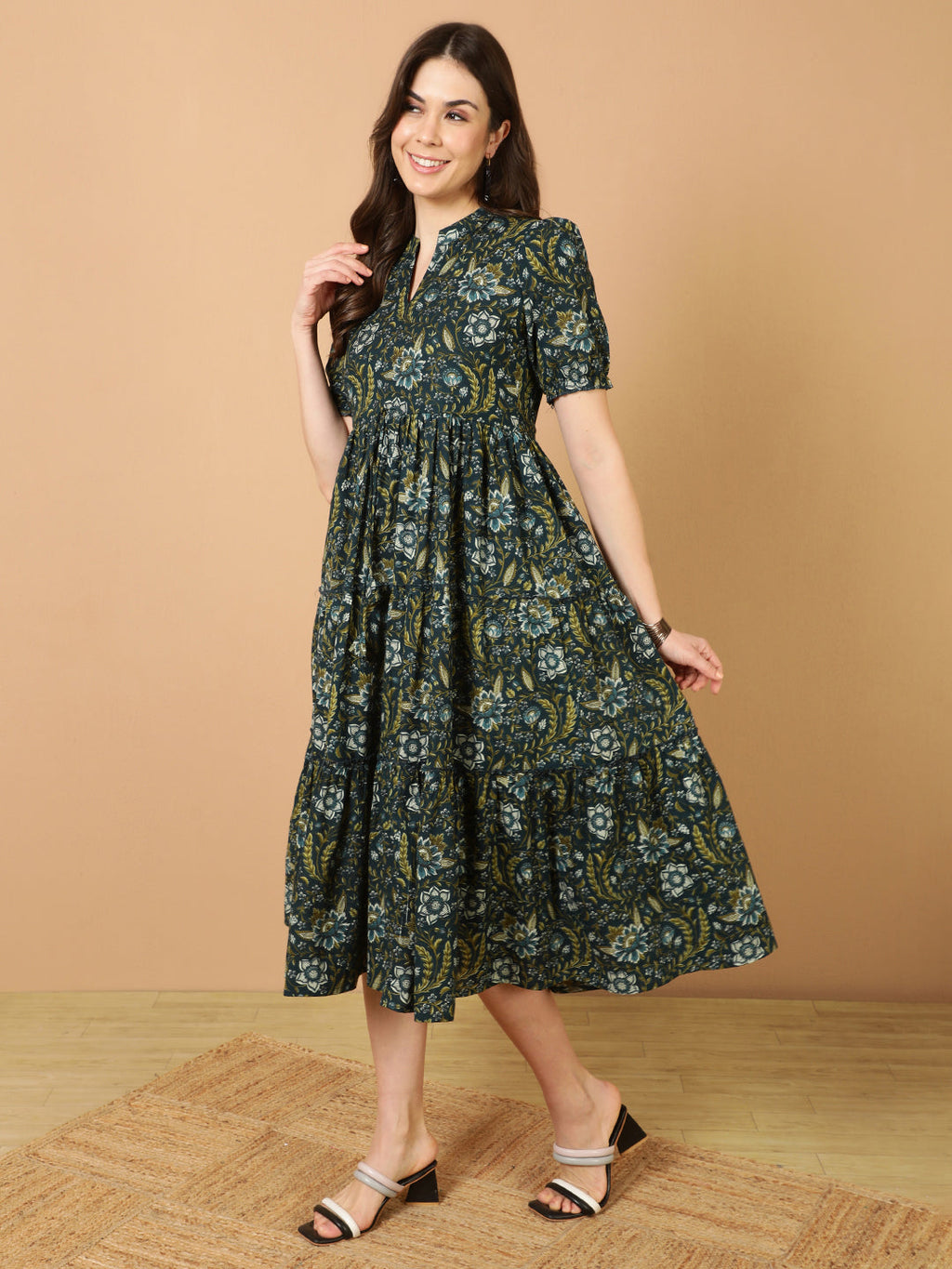 Antaran Blue Pure Cotton Tiered Printed Dress | Grocsy