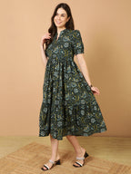Antaran Blue Pure Cotton Tiered Printed Dress | Grocsy