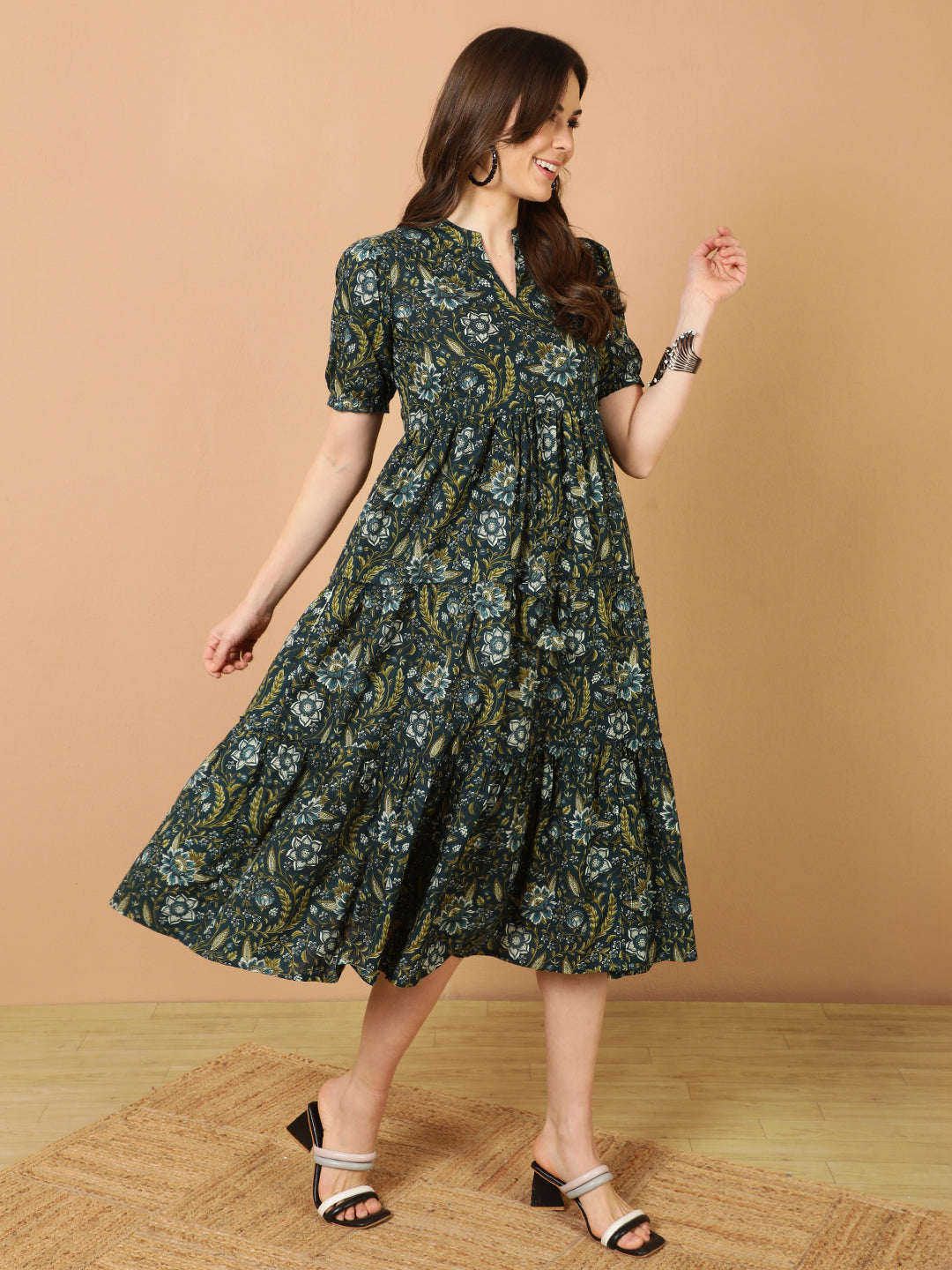 Antaran Blue Pure Cotton Tiered Printed Dress | Grocsy