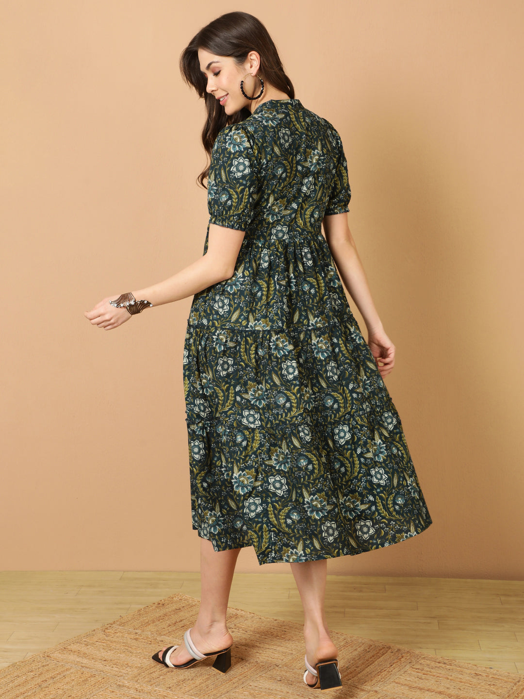 Antaran Blue Pure Cotton Tiered Printed Dress | Grocsy