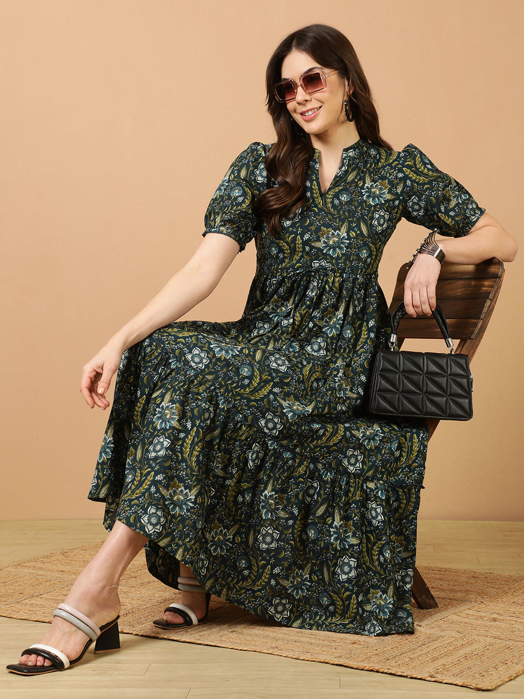 Antaran Blue Pure Cotton Tiered Printed Dress | Grocsy
