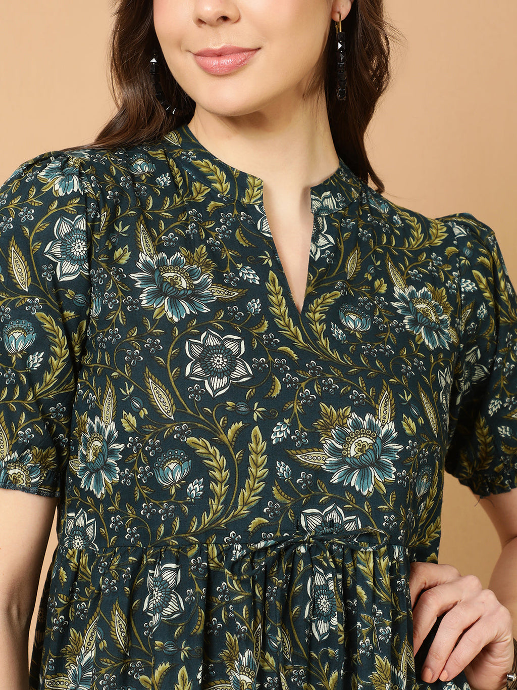 Antaran Blue Pure Cotton Tiered Printed Dress | Grocsy
