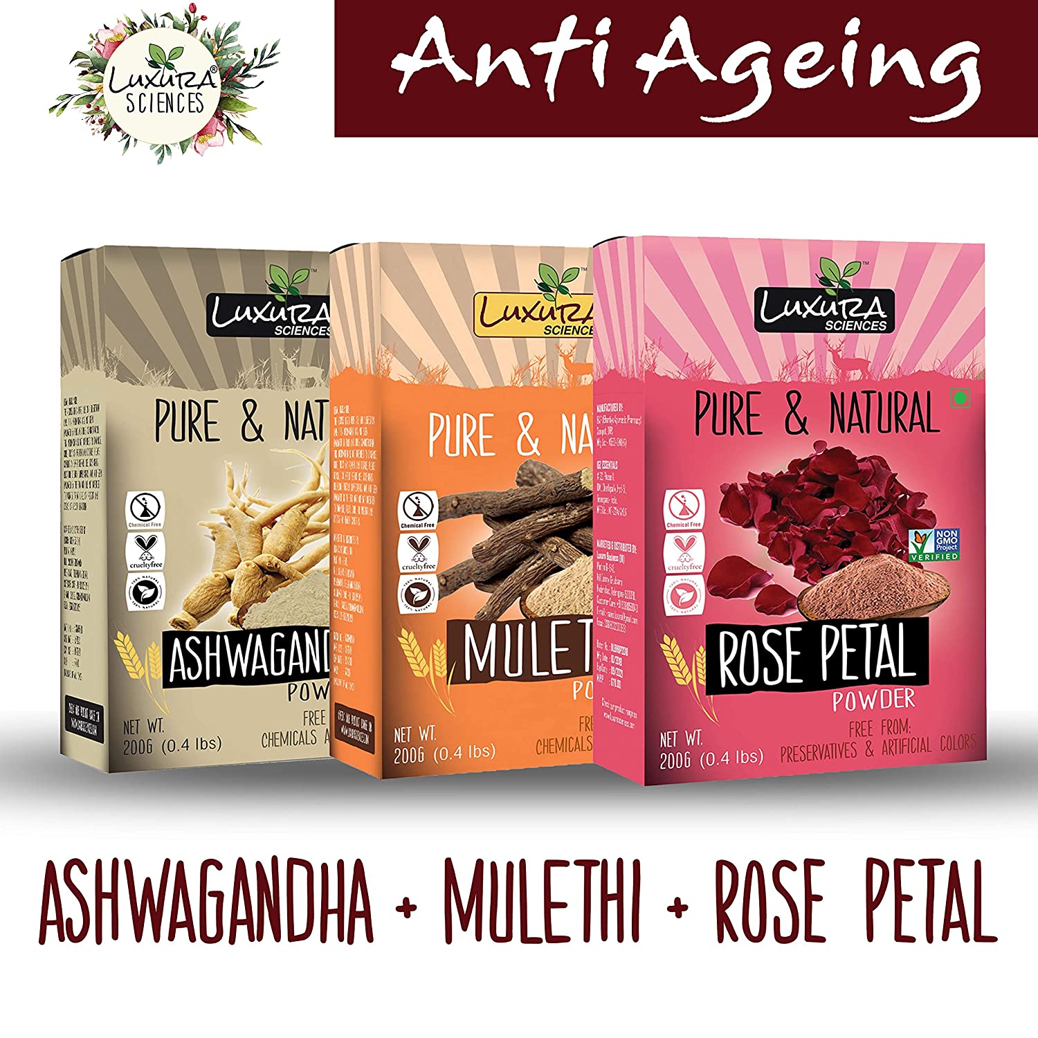 Luxura Sciences Natural Skin Care for Anti Ageing Set - Ashwagandha + Mulethi + Rose | Grocsy