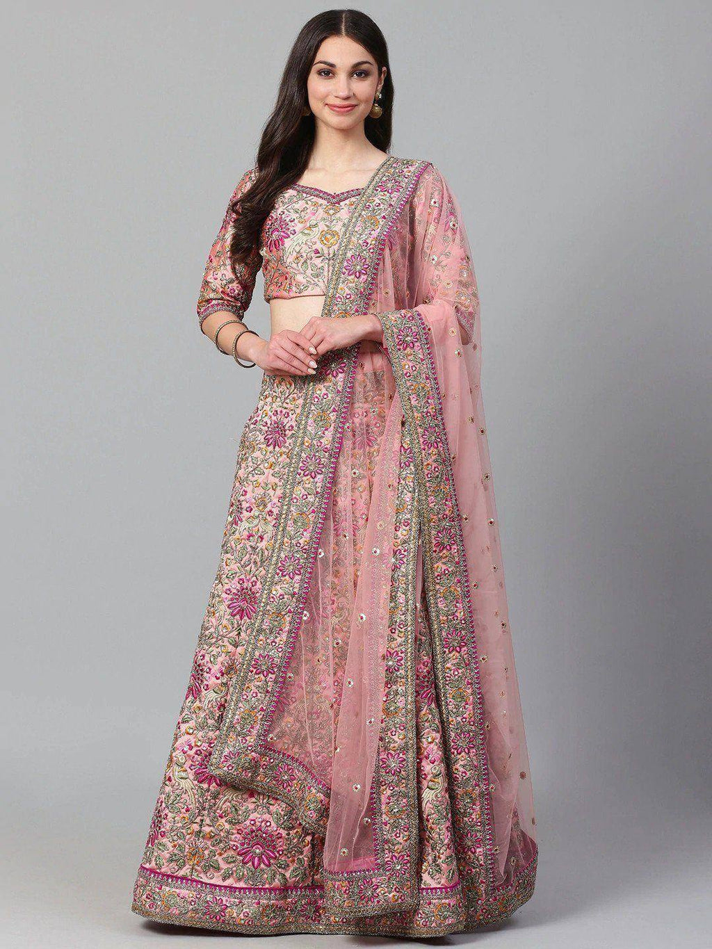 Tulsi Art Peach & Golden Semi-Stitched Myntra Bridal Lehenga & Unstitched Blouse With Dupatta | Grocsy