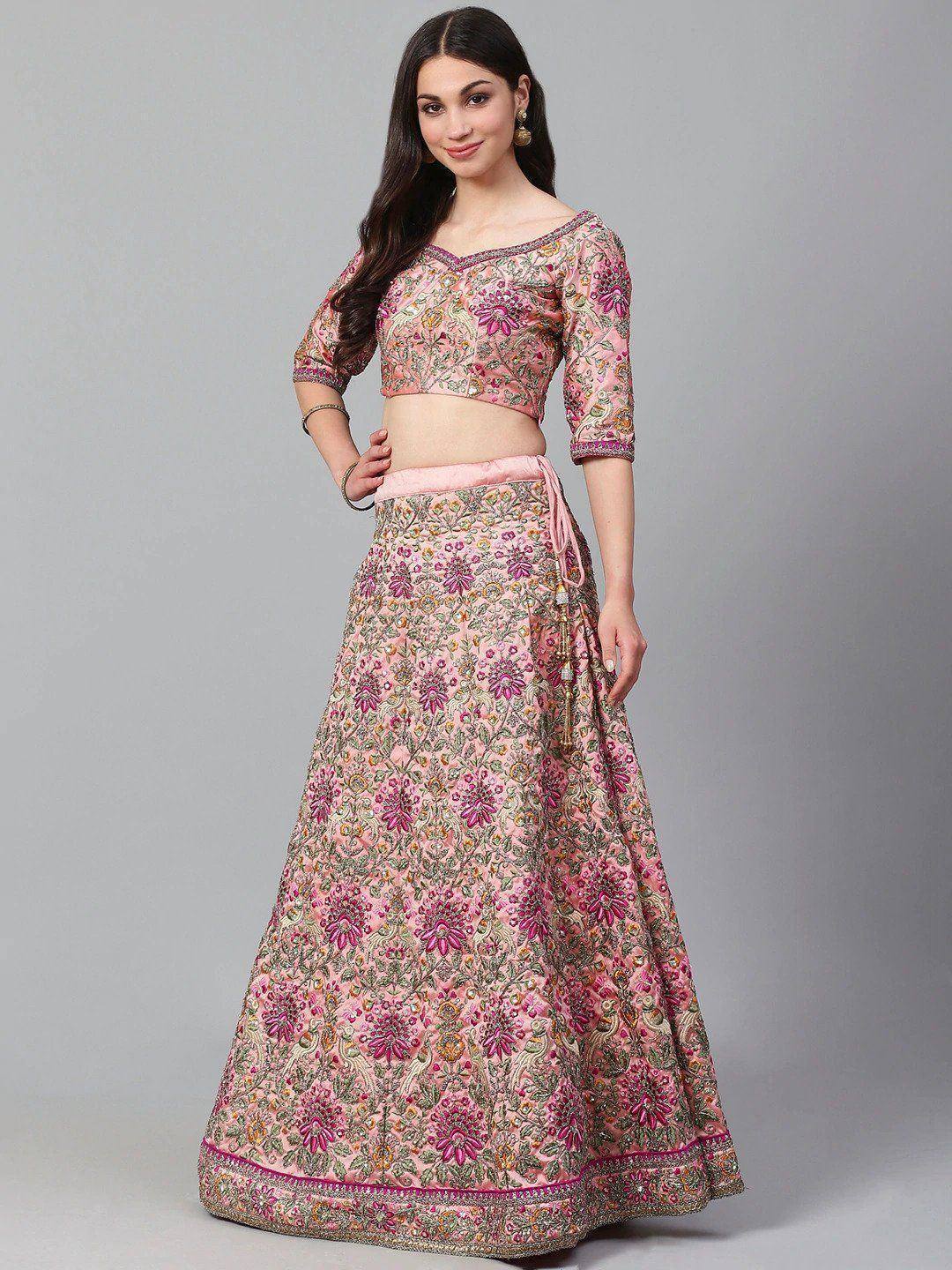 Tulsi Art Peach & Golden Semi-Stitched Myntra Bridal Lehenga & Unstitched Blouse With Dupatta | Grocsy