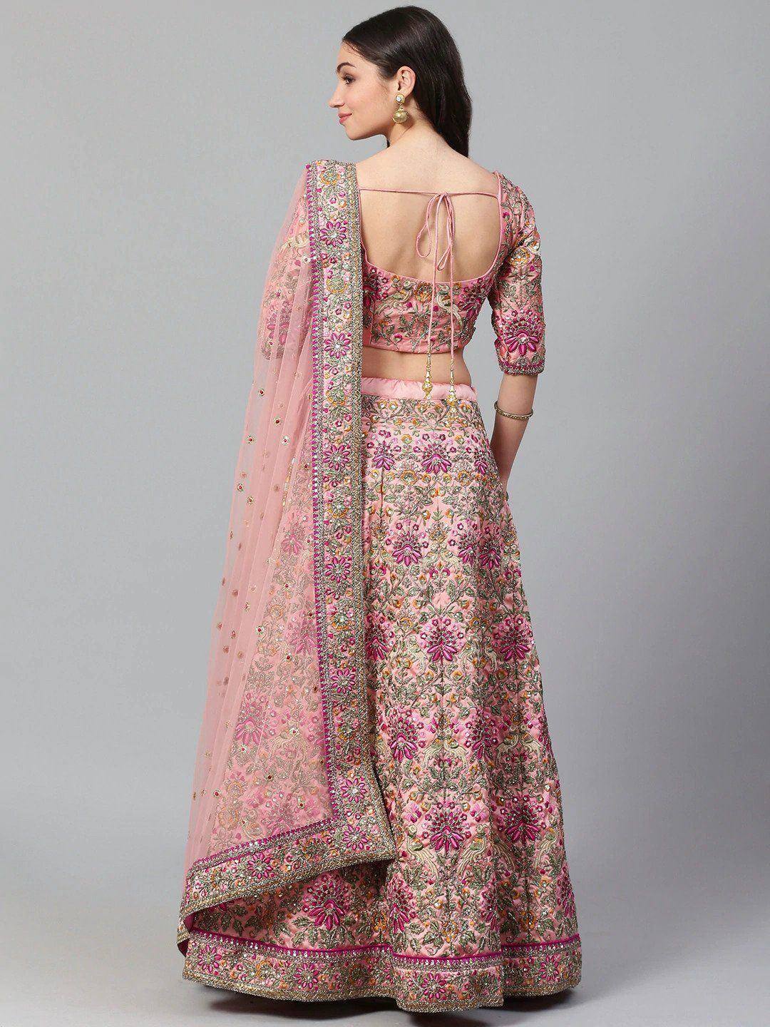 Tulsi Art Peach & Golden Semi-Stitched Myntra Bridal Lehenga & Unstitched Blouse With Dupatta | Grocsy