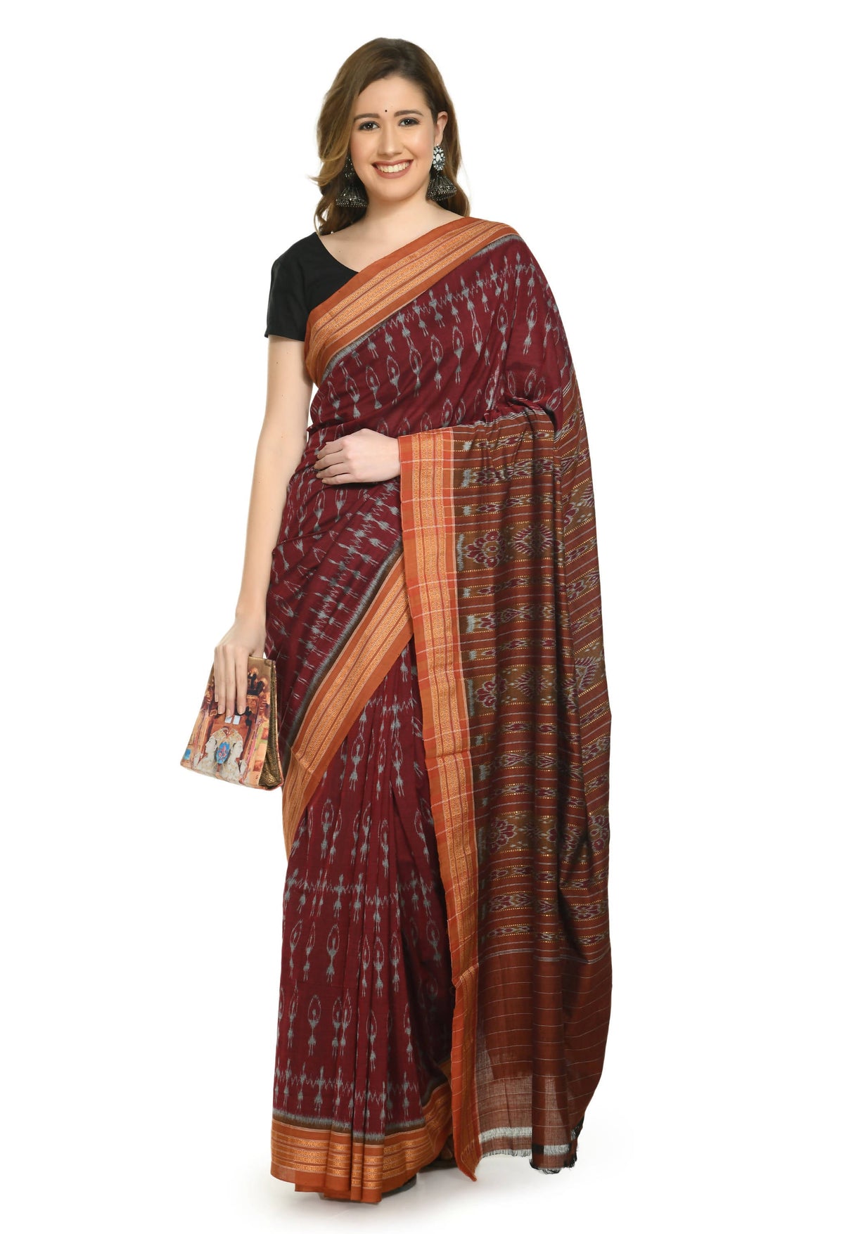 Vamika Sambalpuri Ikat Cotton Dehabandha Black & Maroon Saree | Grocsy