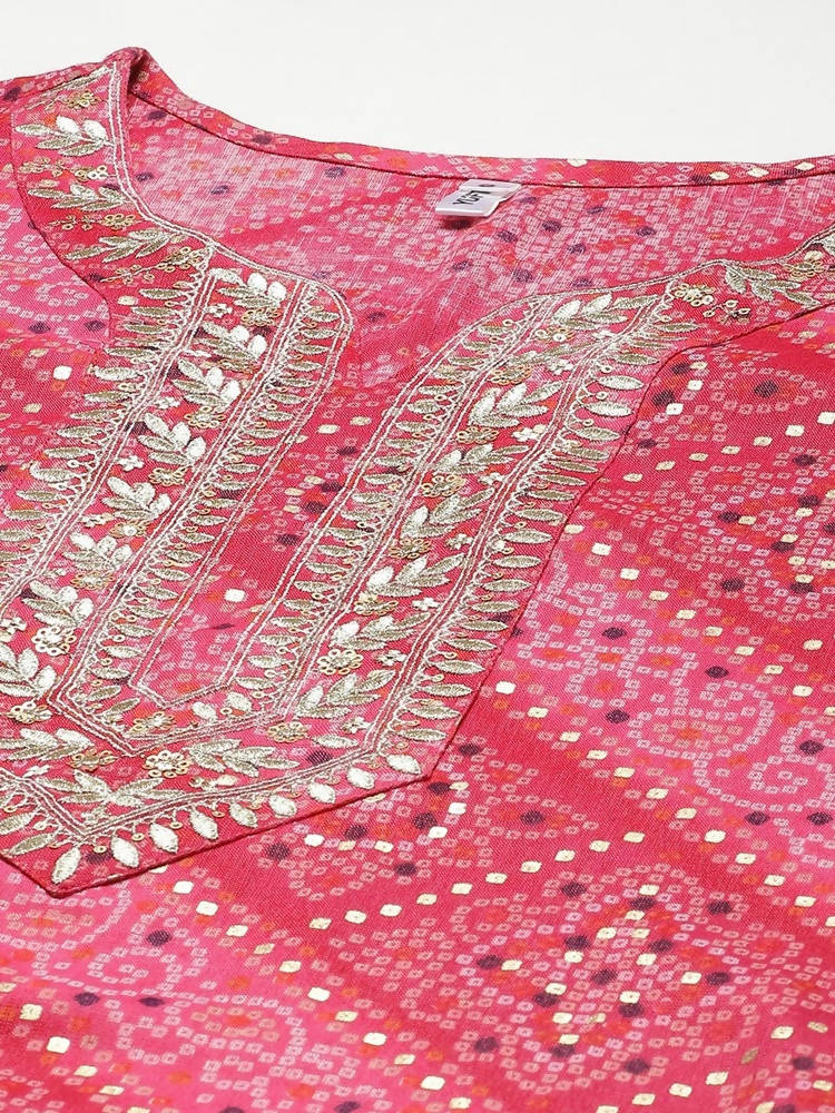 Yufta Women Pink Bandhani Printed Panelled Gotta Patti Kurta with Palazzo & With Dupatta | Grocsy