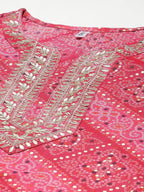 Yufta Women Pink Bandhani Printed Panelled Gotta Patti Kurta with Palazzo & With Dupatta | Grocsy